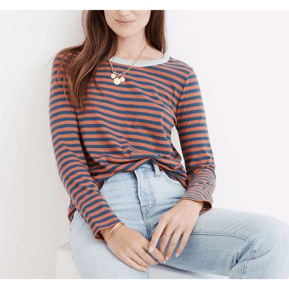 Madewell Whisper Cotton‎ Rib-Crewneck Ringer Long-Sleeve Tee in Stripe Brick XS - Picture 1 of 6